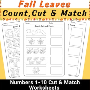 Peut inclure: Trois feuilles de travail avec des activités sur le thème de l'automne. Le haut de l'image indique "Fall Leaves Count, Cut & Match". Les feuilles de travail comportent des illustrations de feuilles pour compter et associer. Le bas de l'image indique "Numbers 1-10 Cut & Match Worksheets".