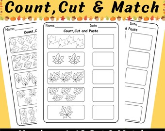 Hojas de trabajo de matemáticas para recortar y unir hojas de otoño / Actividades de conteo de otoño para jardín de infancia