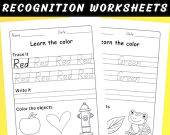 Hojas de trabajo para aprender colores para niños / Hojas imprimibles de trazado, escritura y reconocimiento de colores para preescolar y jardín de infantes / Actividades de educación en casa en PDF