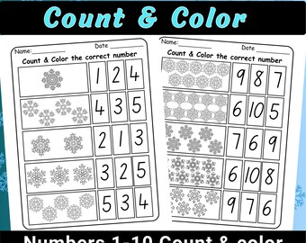 Hojas de trabajo para contar y colorear de invierno del 1 al 10 / Conteo de copos de nieve para preescolar y jardín de infancia