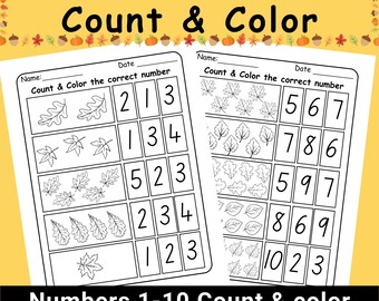 Hojas de trabajo para contar y colorear hojas de otoño (1-10) / Actividades matemáticas de otoño para jardín de infancia