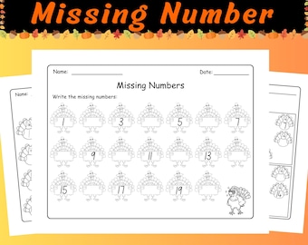 Hojas de trabajo de números faltantes del 1 al 20 para Acción de Gracias / Actividades matemáticas sobre el pavo para preescolar y jardín de infantes (PDF imprimible)