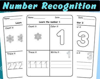 Hojas de trabajo de reconocimiento de números de invierno del 1 al 20 / Conteo y trazado de copos de nieve para jardín de infancia