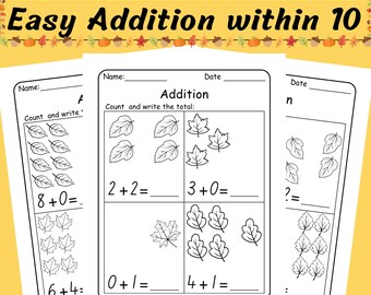 Hojas de ejercicios de sumas hasta 10 para otoño / Práctica fácil de matemáticas para niños de preescolar en esta actividad otoñal