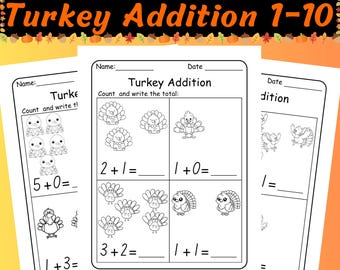 Actividades matemáticas de Acción de Gracias: Hojas de trabajo fáciles de suma hasta 10 para jardín de infantes / Imprimibles de matemáticas de otoño con temática de pavo