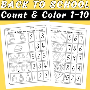 Peut inclure: Feuilles de travail imprimables en noir et blanc avec le texte "BACK TO SCHOOL Count & Color 1-10". Les feuilles de travail présentent des activités de comptage et de coloriage avec des illustrations sur le thème de l'école et les chiffres 1 à 10.