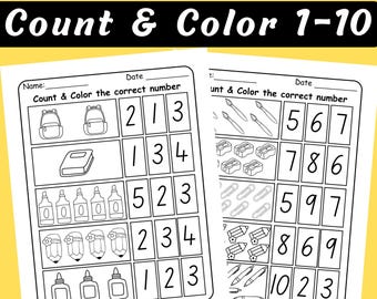 Hojas de trabajo de matemáticas para la vuelta al cole: Cuenta y colorea del 1 al 10 (PDF imprimible)
