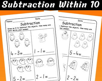 Hojas de trabajo de resta de fantasmas de Halloween hasta 10 / Actividades imprimibles de matemáticas para jardín de infantes
