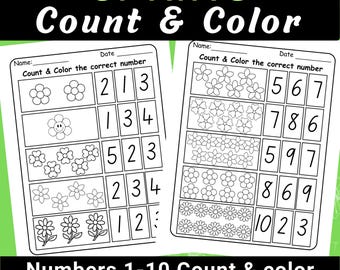 Hojas de trabajo para contar y colorear flores de primavera del 1 al 10 / Reconocimiento de números para jardín de infantes / Actividades matemáticas de primavera
