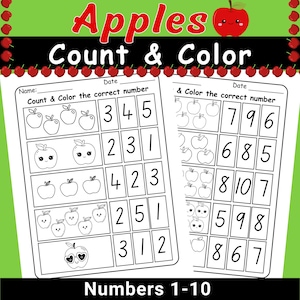 Puede incluir: Hoja de trabajo imprimible en blanco y negro titulada "Apples Count & Color" con ilustraciones de manzanas y ejercicios de reconocimiento de números. La hoja de trabajo incluye el texto "Numbers 1-10".
