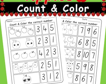 Hojas de trabajo para contar y colorear manzanas (números del 1 al 10) / Actividades matemáticas de otoño para preescolar y jardín de infantes