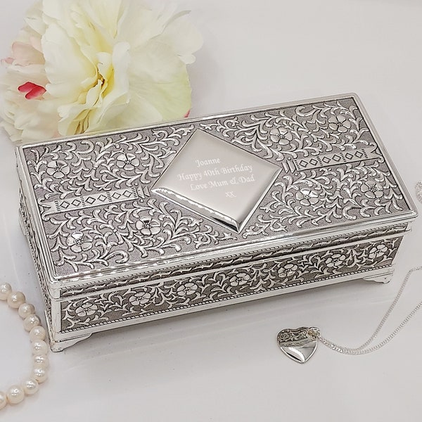 Personalised Silver Jewellery Box, Engraved Silver Antique Jewellery Box, Custom Engraved Gift For Her