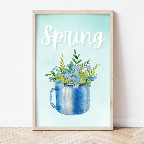 Cute Spring In A Mug Watercolor Poster, Spring Flowers, Cosy Wall Decor, Beautiful Art Print Gift For Teens & Adults, DIGITAL DOWNLOAD