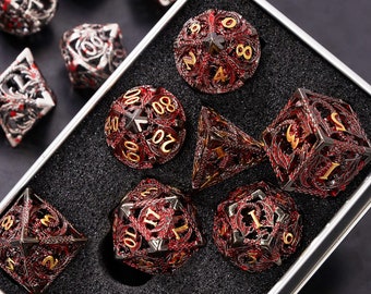 Red metal hollow dnd dice set for d&d gifts , Hollow dragon dungeons and dragons dice set , Metal polyhedral rpg dice set