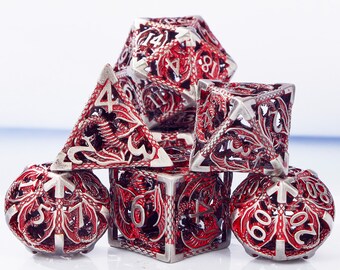 Red Metal dragon dnd dice set for role playing games , Metal dungeons and dragons dice set dnd , Hollow polyhedral dragon rpg d&d dice set