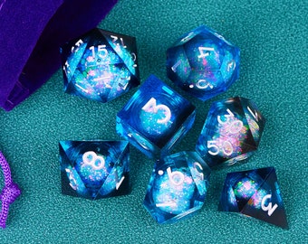 Blue black dnd dice set liquid core for role playing games , Liquid core sharp edge dice set , Galaxy dungeons and dragons dice set dnd