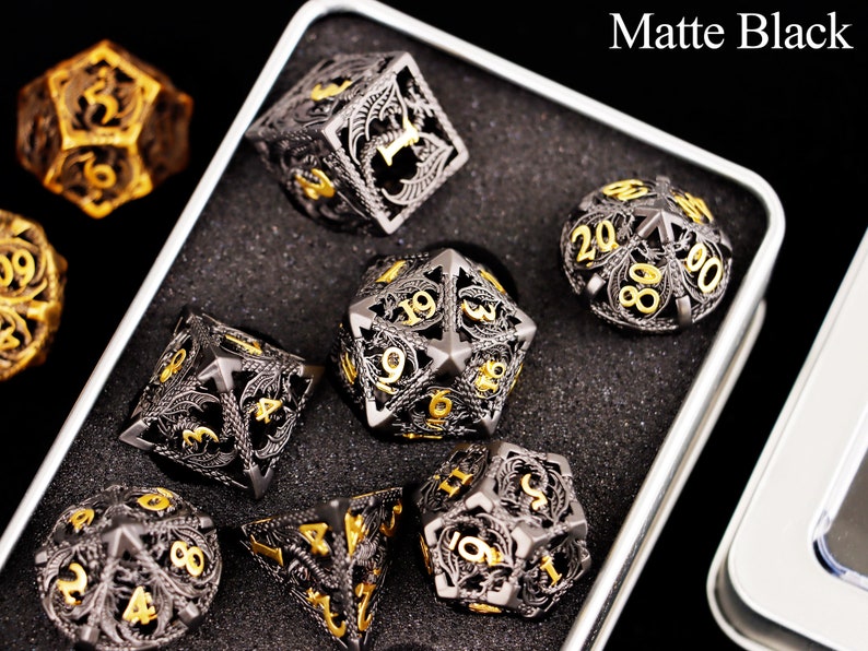 Hollow metal dnd dice set for role playing games , Metal d&d dice set , Dragon sharp edge dice set , Metal dungeons and dragons dice set dnd Matte Black Dice Set