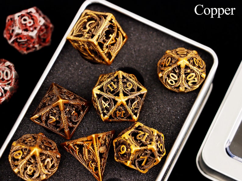 Black metal dnd dice set for role playing games , Metal hollow dragon d&d dice set , Metal Dungeons and Dragons Dice Set for dnd gift Copper Dice Set