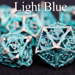 Metal dnd dice set for role playing games , Hollow d&d dice set for dnd gifts , Metal dungeons and dragons dice set , Metal dice set Light Blue Dice Set