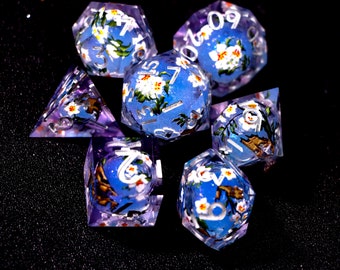 Light blue flower Liquid core dice set,Blue Koi fish dnd dice set ,d&d dice set, D20 dnd dice liquid core,Flower Liquid core dice set