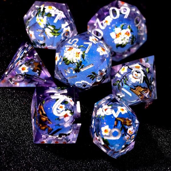 Light blue flower Liquid core dice set,Blue Koi fish dnd dice set ,d&d dice set, D20 dnd dice liquid core,Flower Liquid core dice set