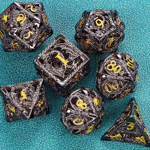Black metal dnd dice set for role playing games , Metal hollow dragon d&d dice set , Metal Dungeons and Dragons Dice Set for dnd gift