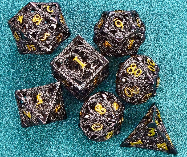Black metal dnd dice set for role playing games , Metal hollow dragon d&d dice set , Metal Dungeons and Dragons Dice Set for dnd gift First Image Dice Set
