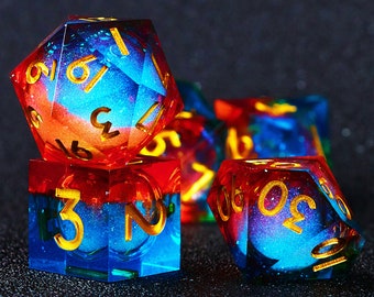 Red Blue Liquid Core Dnd Dice Set , Galaxy Liquid Core Sharp Edge RPG Dice Set for D&D Gift , Liquid core d20 dungeons and dragons dice set