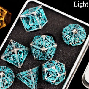 Hollow metal dnd dice set for role playing games , Metal d&d dice set , Dragon sharp edge dice set , Metal dungeons and dragons dice set dnd Light Blue Dice Set
