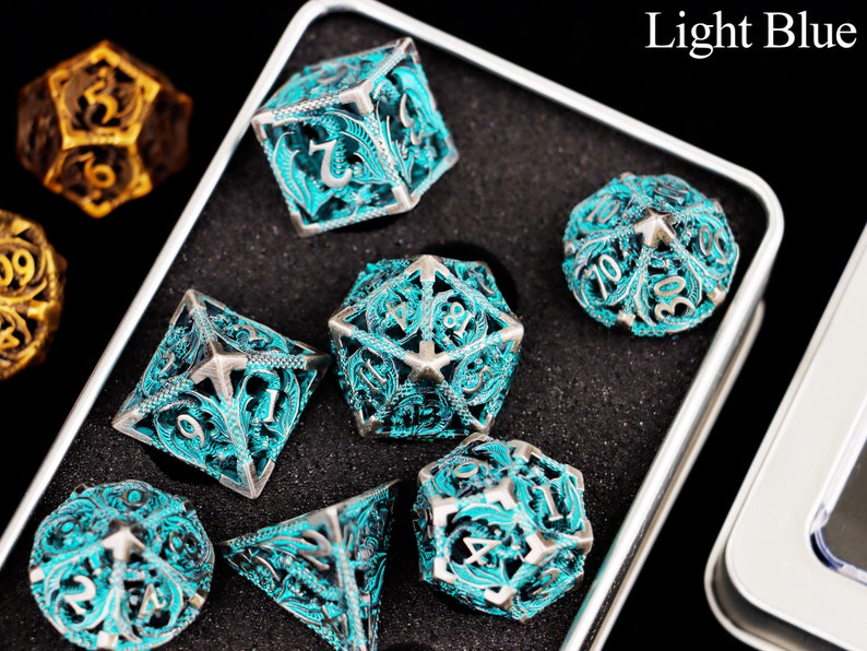 Hollow dargon metal dnd dice set for role playing games , Metal dungeons and dragons dice set dnd , Metal polyhedral rpg d&d dice set Light Blue Dice Set