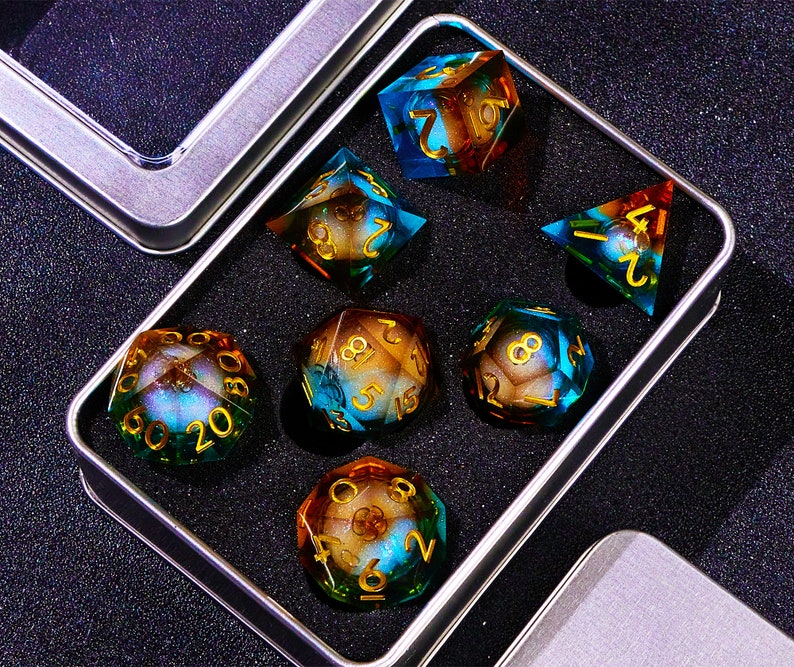 Glittering Liquid Core Dice Set for Role Playing Games, Dungeons and Dragons D&D Dice with Gift Box, Resin Sharp Edge RPG d and d dice Set image 1