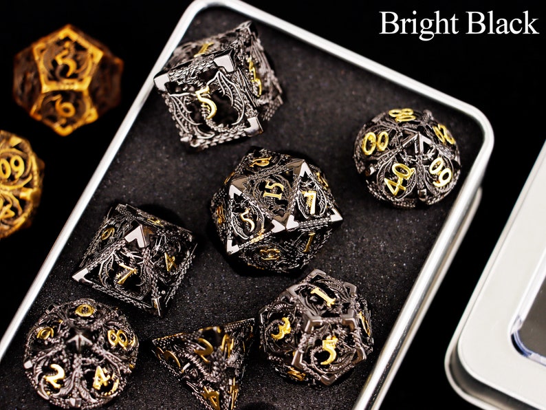 Hollow metal dnd dice set for role playing games , Metal d&d dice set , Dragon sharp edge dice set , Metal dungeons and dragons dice set dnd Bright Black Dice