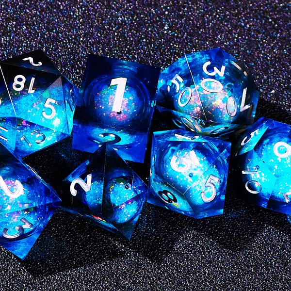 Starry sky Liquid core dice set for role playing games , Galaxy dnd dice set liquid core , Resin d&d dice set , Liquid core sharp edge dice