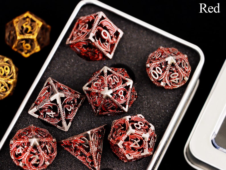 Hollow dargon metal dnd dice set for role playing games , Metal dungeons and dragons dice set dnd , Metal polyhedral rpg d&d dice set Red Dice Set