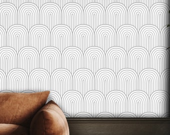 Peel Stick Geometrische Tapete, Graue und Weiße Linie Art Deco Wandbild, Moderne Tapete