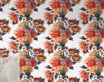 Papel tapiz vintage de peonía y begonia / Papel tapiz despegable y adhesivo Papel tapiz tradicional Decoración del hogar Arte de pared Decoración de pared Decoración de habitación