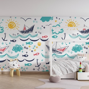 Navi Pesci Sole Nuvole Mare e Onde Modello Carta da Parati per Cameretta Bambini, Peel and Stick Nursery Wall Mural, Autoadesivo Pastello Color Arte per Cameretta Bambini