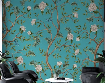 Chinoiserie Peel and Stick Wallpaper, Pfingstrose Blumen Wandbilder, selbstklebende Blumen Wandkunst