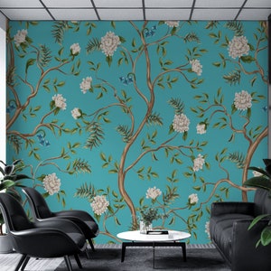 Chinoiserie Peel and Stick Wallpaper, Peony Flower Murals, Self Adhesive Floral Wall Art