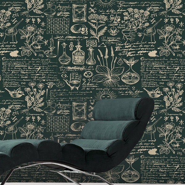 Furnished with Mysterious and Magical Iconography Wallpaper, Historical Alchemy and Symbols Themed Wall Mural