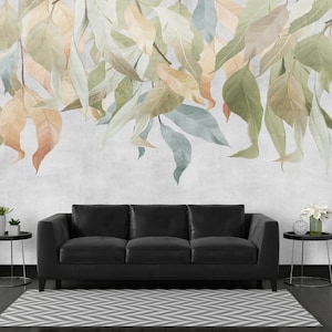 Painted Tropical Shrubs Wallpaper, Self Adhesive Removable Wall Mural, Peel and Stick Wall Print, Hand Drawn Branches Hanging From Above