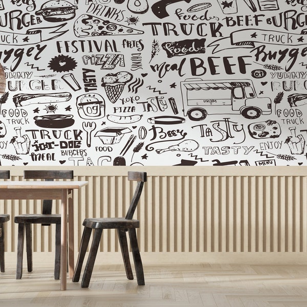 Fast Food Products Written Wallpaper, Peel and Stick Food Truck, Self Adhesive Pizza Burger Beef Drinks Themed Wallpaper, Wall Mural Cafe