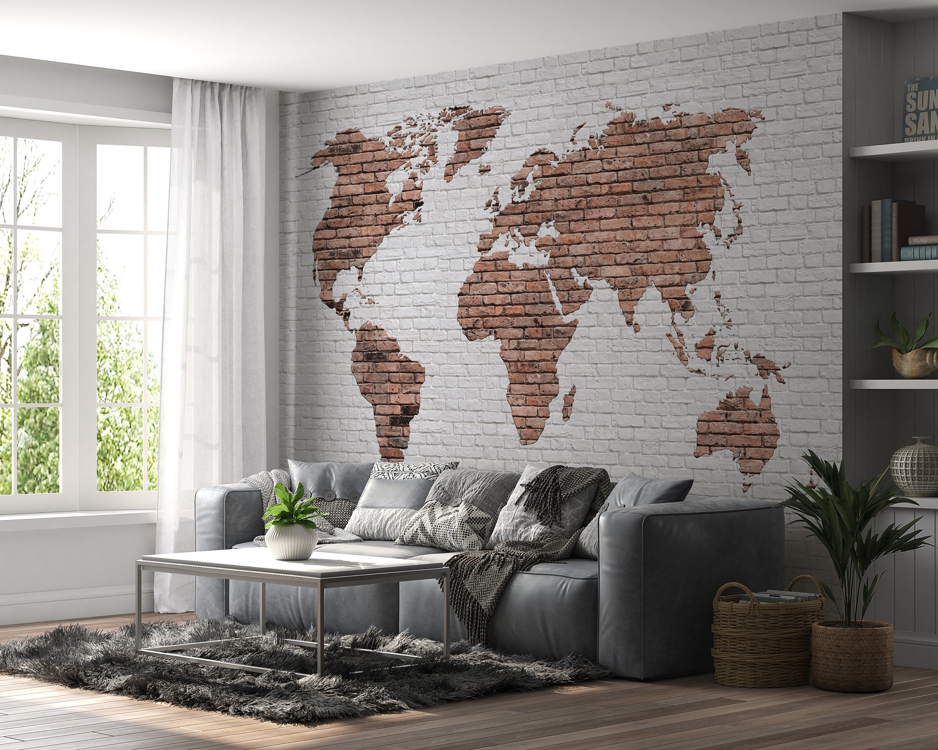 World Map on Brick Background Wallpaper Peel and Stick World - Etsy