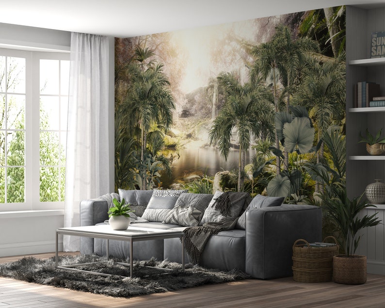 Peel and Stick Jungle Wall Mural, Tropical Trees and Leaves Wallpaper