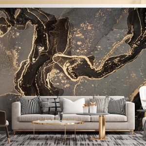 Carta da parati in marmo nero grigio oro, stampa murale rimovibile con design da sogno, murale in marmo staccabile e attaccabile