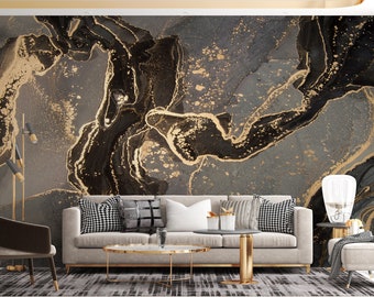 Black Gray Gold Marble Wallpaper, Dreamy Design Removable Wall Print, Peel and Stick Marble Wall Mural