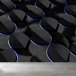 Puede incluir: Fondo abstracto con un patrón geométrico de formas 3D negras y azules. Las formas están dispuestas en un patrón repetitivo, creando una sensación de profundidad y movimiento. El fondo es perfecto para una presentación de producto o un diseño moderno.