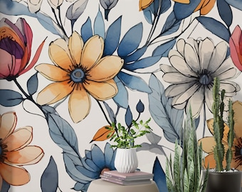 Large Floral Wallpaper, Peel and Stick, Custom Size Wallpaper, Flowers Wall Mural