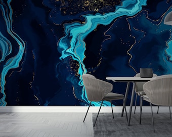 Blue and Gold Marble Abstract Self Adhesive Wallpaper