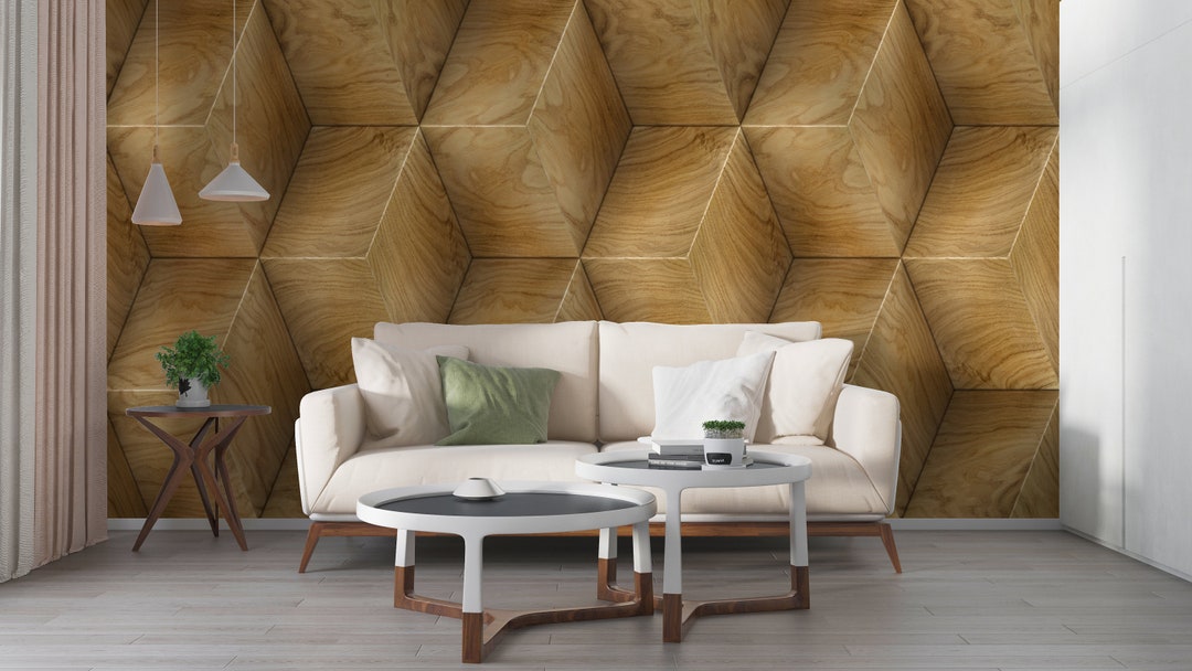 3D Wood Veneer Wallpaper, Peel and Stick Hexagonal Oak Look Wall Mural